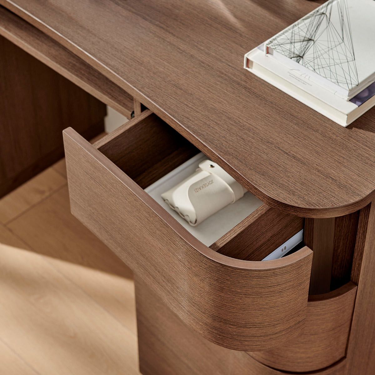 Mirae 55" 6-Drawer Curved Office Desk - Brushed Brown Oak