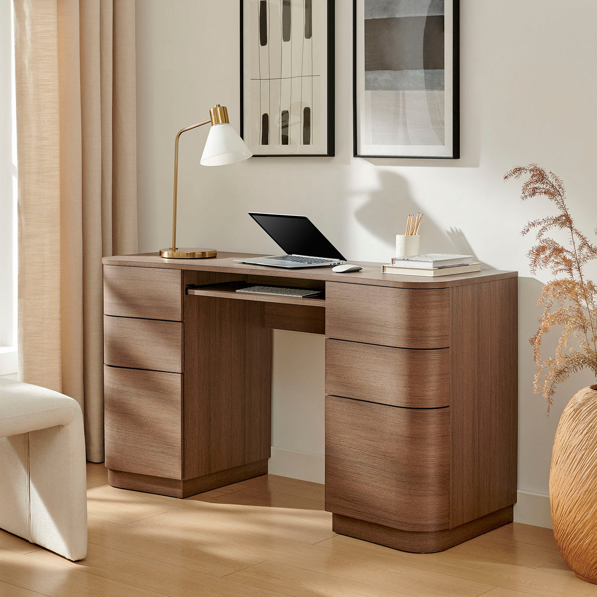 Mirae 55" 6-Drawer Curved Office Desk - Brushed Brown Oak