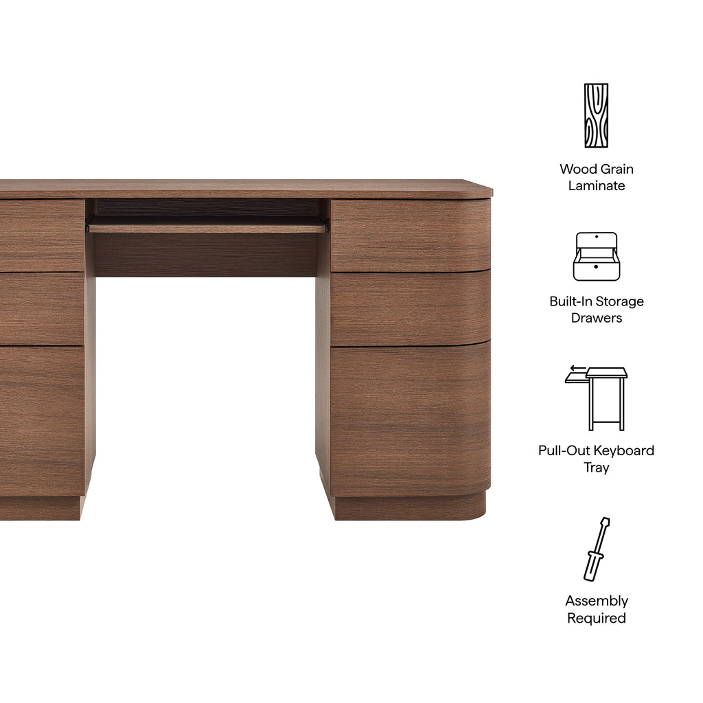 Mirae 55" 6-Drawer Curved Office Desk - Brushed Brown Oak
