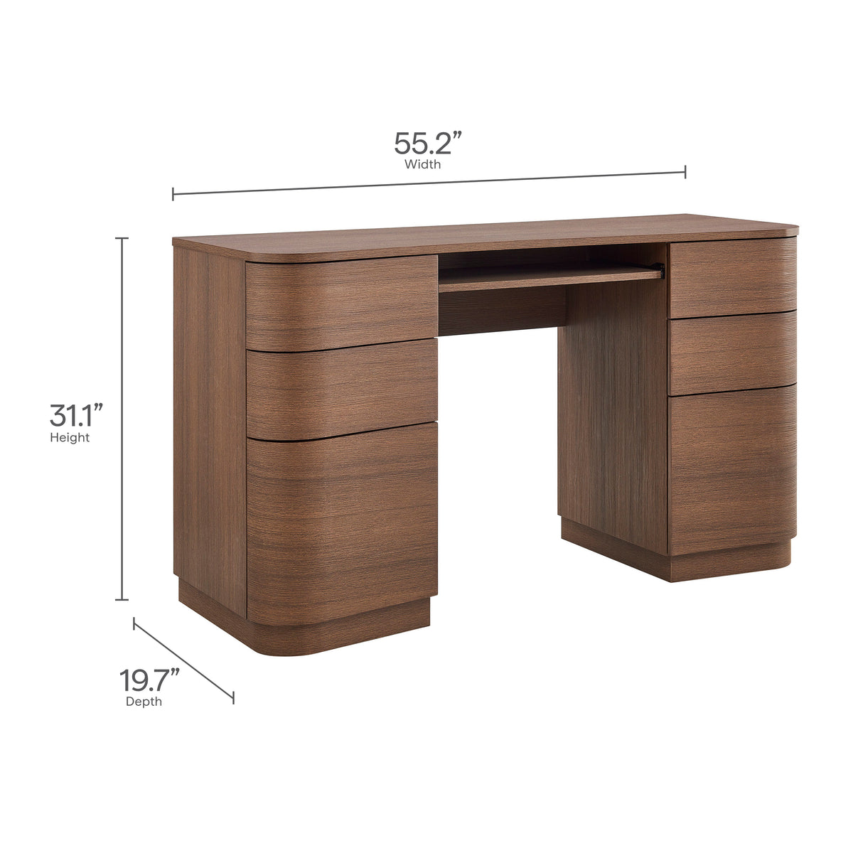 Mirae 55" 6-Drawer Curved Office Desk - Brushed Brown Oak