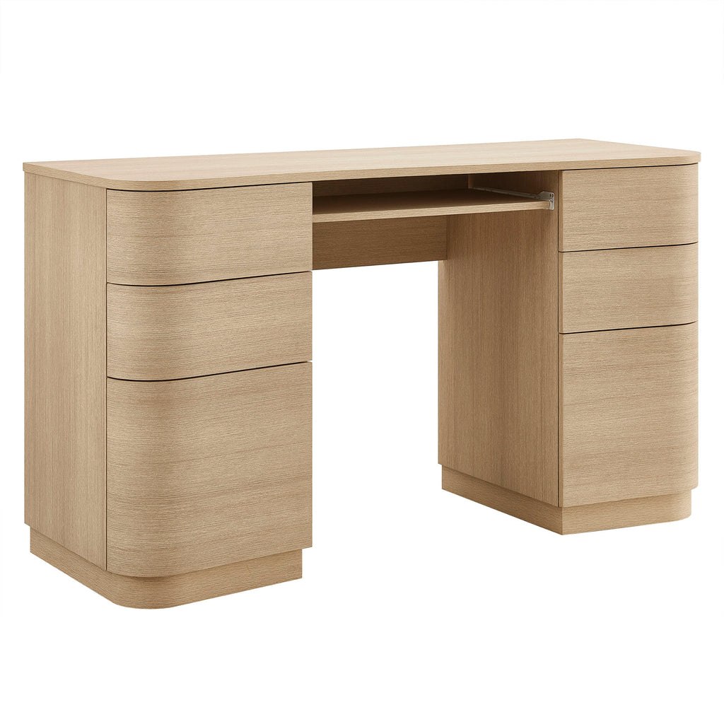 Mirae 55" 6-Drawer Curved Office Desk - Brushed Light Oak