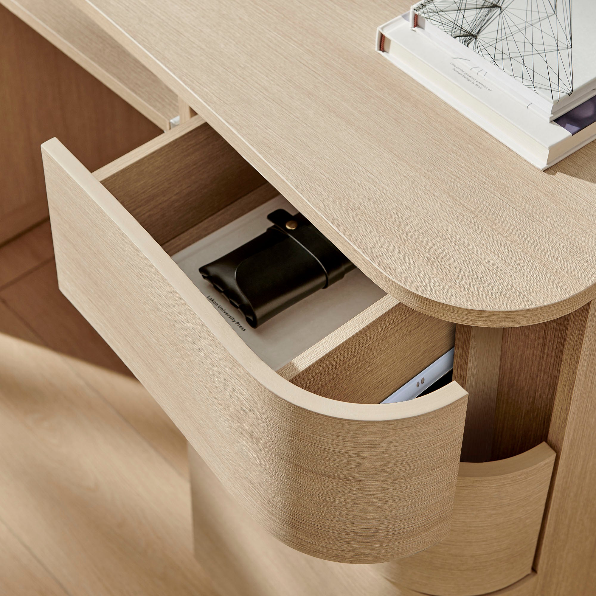Mirae 55" 6-Drawer Curved Office Desk - Brushed Light Oak