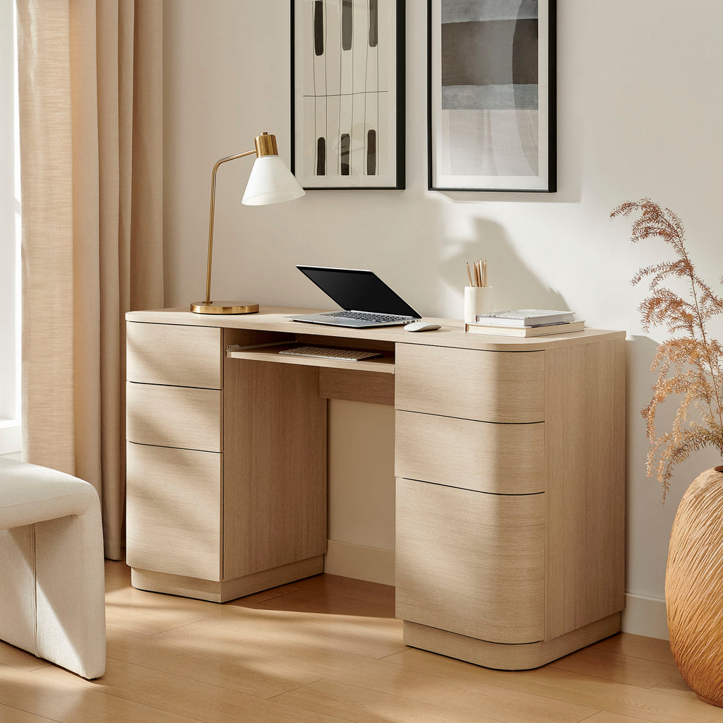 Mirae 55" 6-Drawer Curved Office Desk - Brushed Light Oak