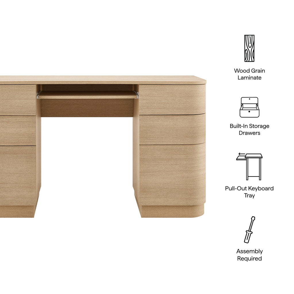 Mirae 55" 6-Drawer Curved Office Desk - Brushed Light Oak