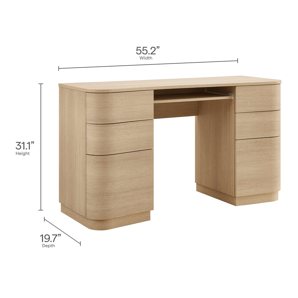 Mirae 55" 6-Drawer Curved Office Desk - Brushed Light Oak