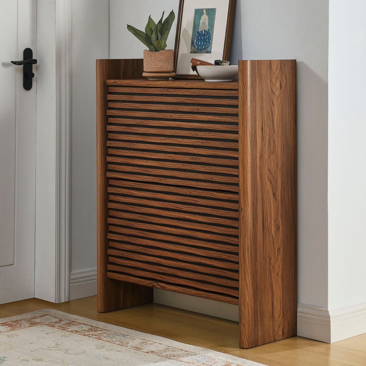 Emric Wave Shoe Cabinet - Walnut