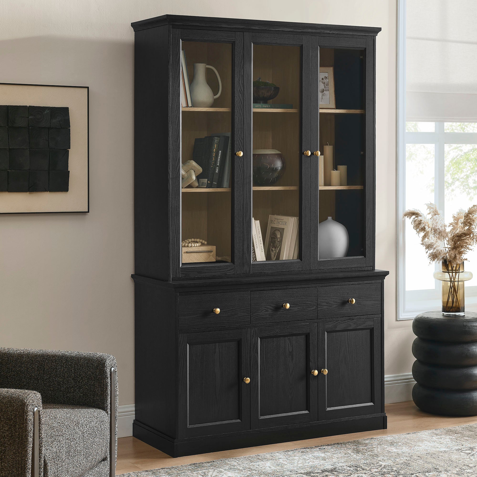 Amara 79 Inch Large Storage Display Cabinet - Black Oak