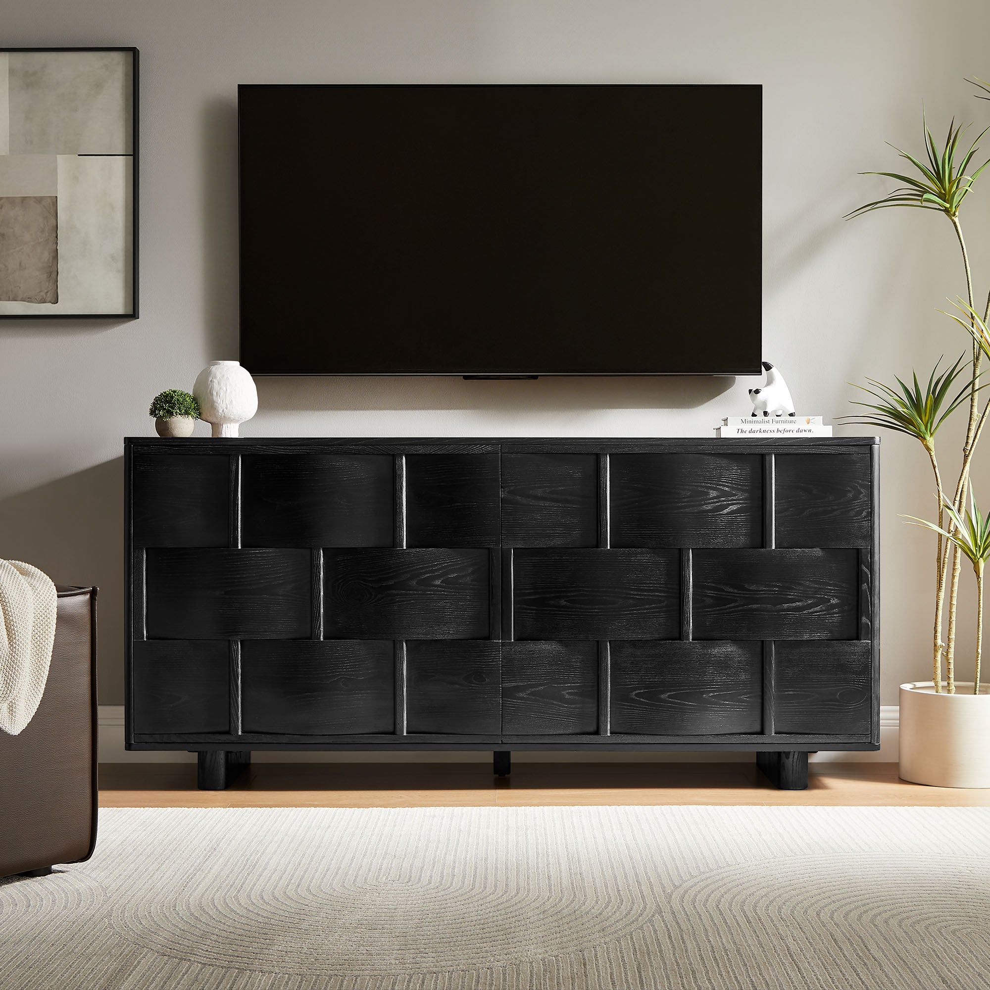 Foundry 71" Woven Design Buffet Storage Cabinet - Black