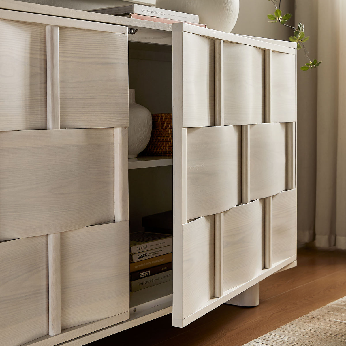 Foundry 71" Woven Design Buffet Storage Cabinet - White Wash