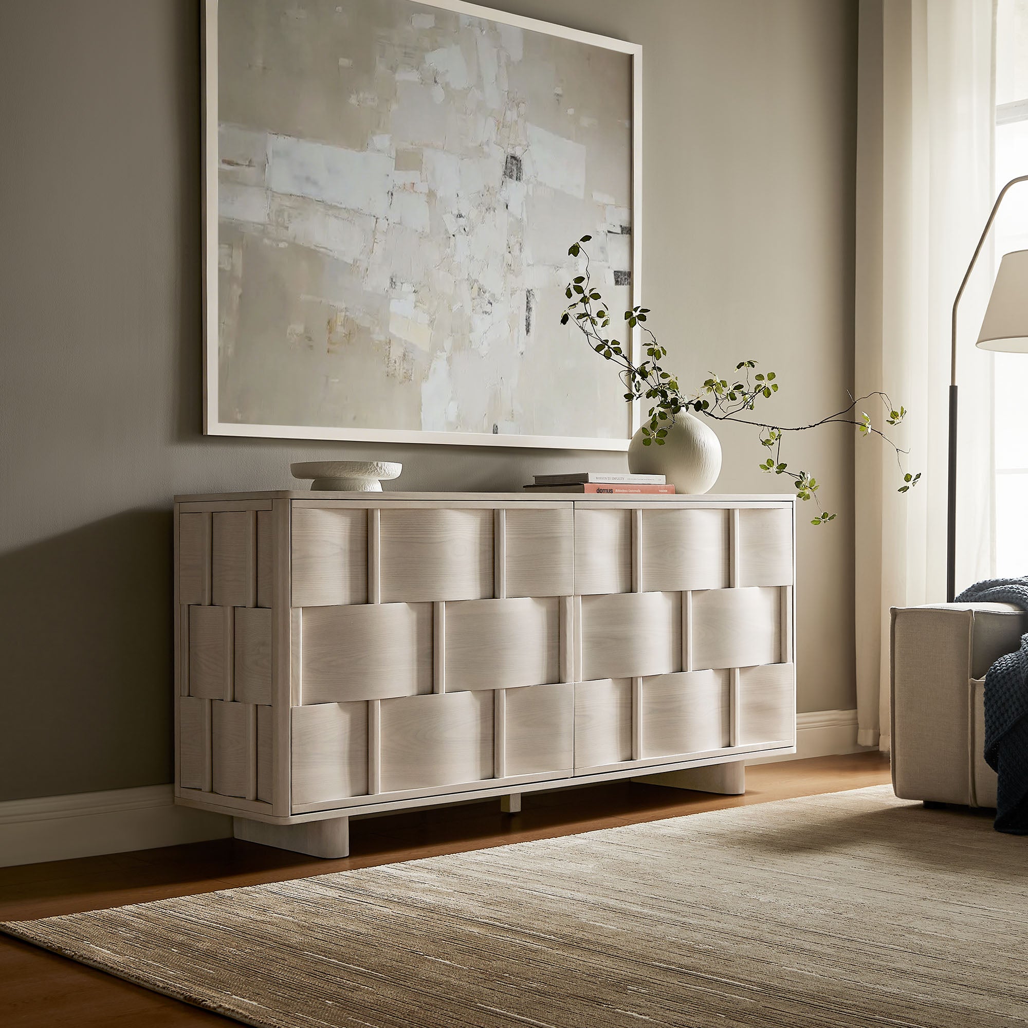Foundry 71" Woven Design Buffet Storage Cabinet - White Wash
