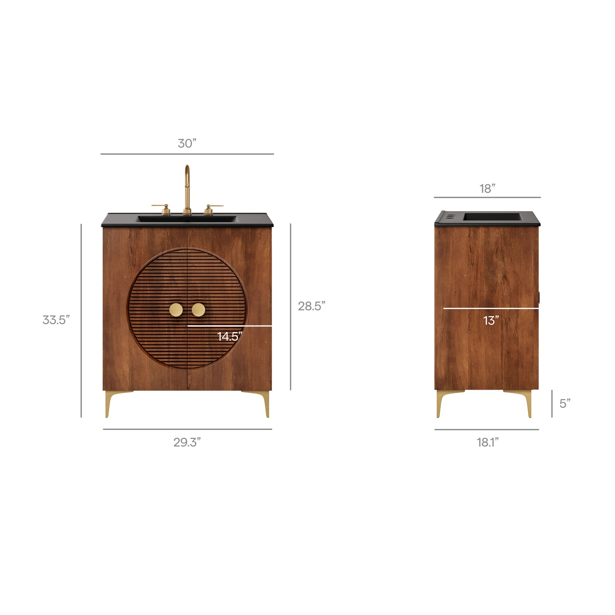 Vernon 30" Fluted Wood Vanity Cabinet With Sink - Walnut Black