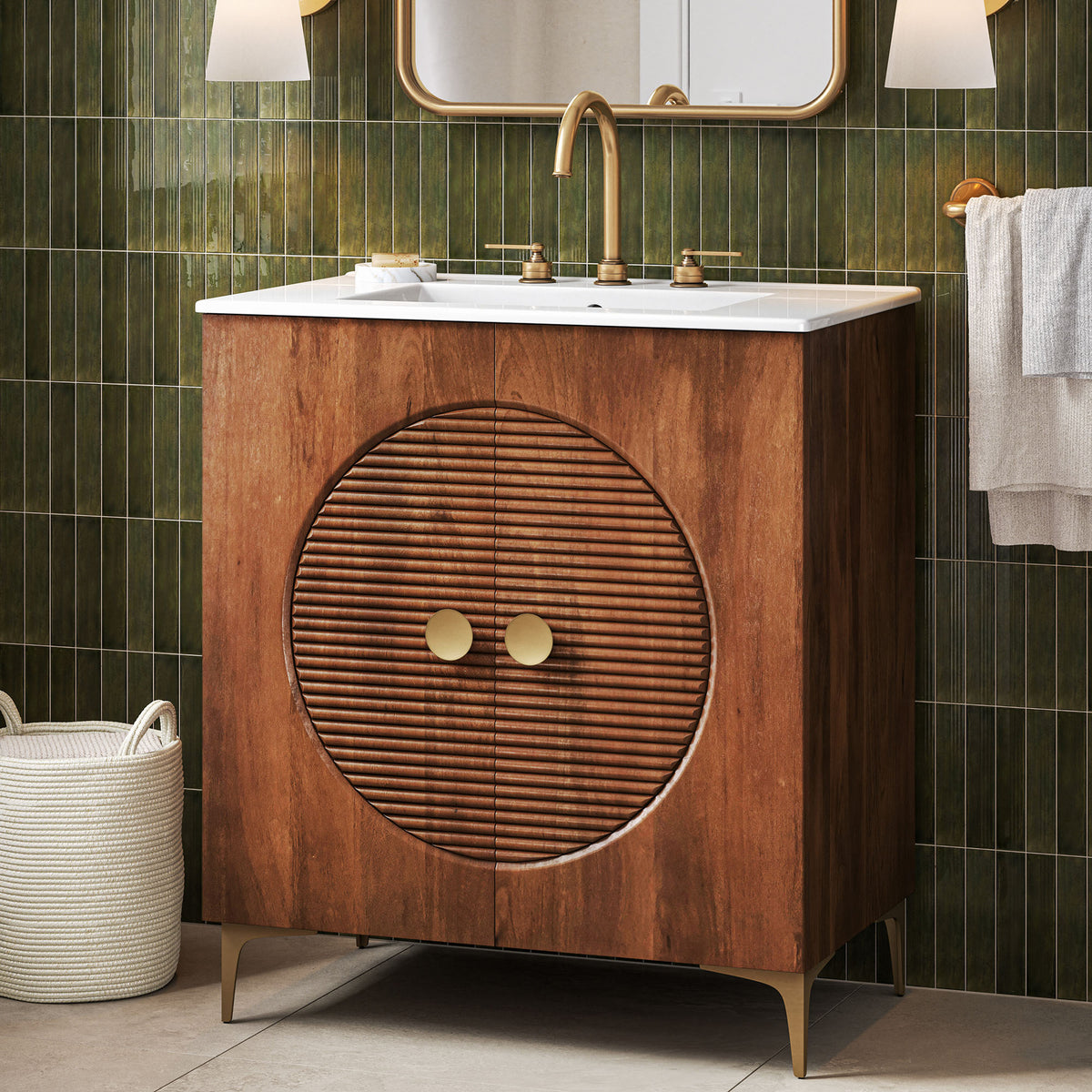 Vernon 30" Fluted Wood Vanity Cabinet With Sink - Walnut White