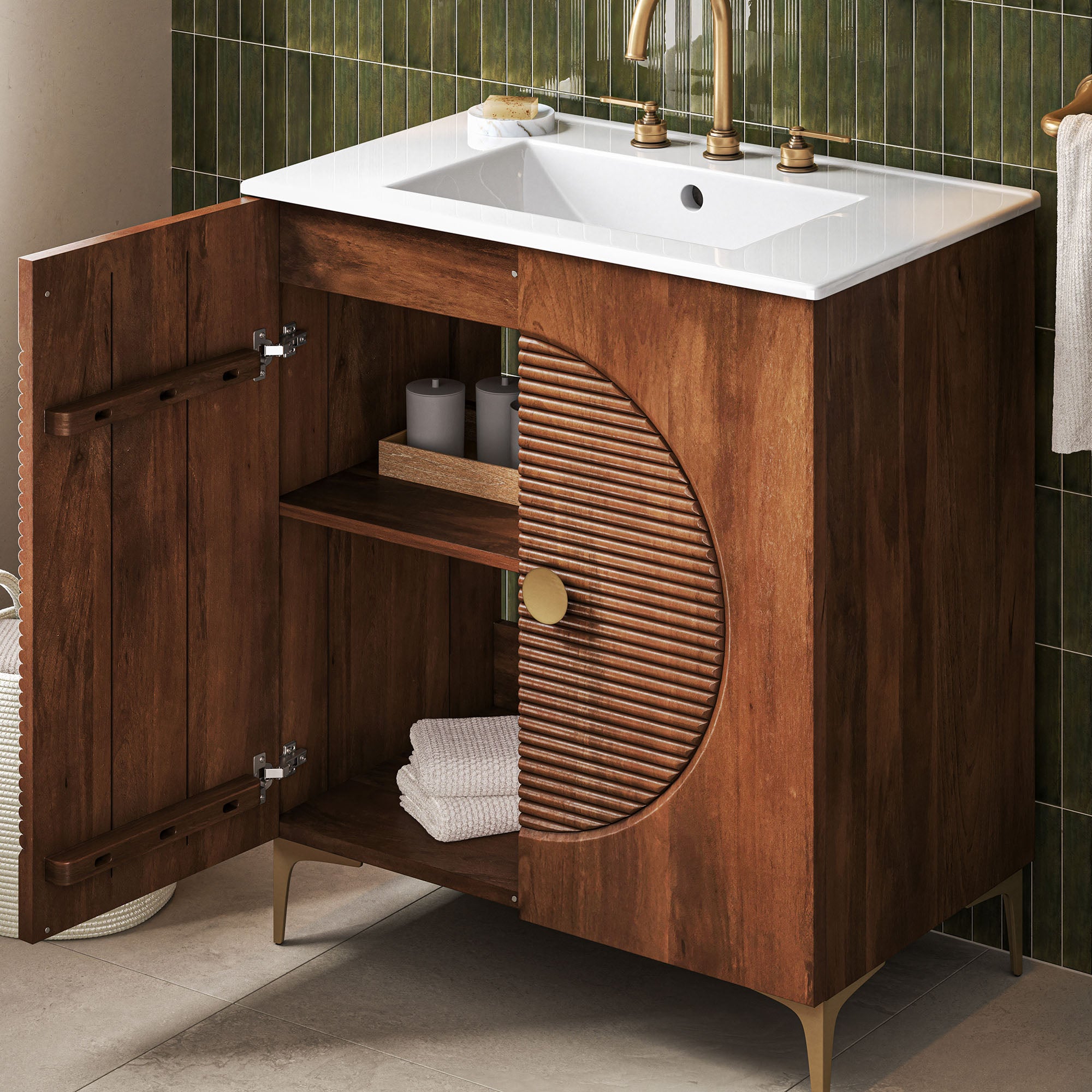 Vernon 30" Fluted Wood Vanity Cabinet With Sink - Walnut White