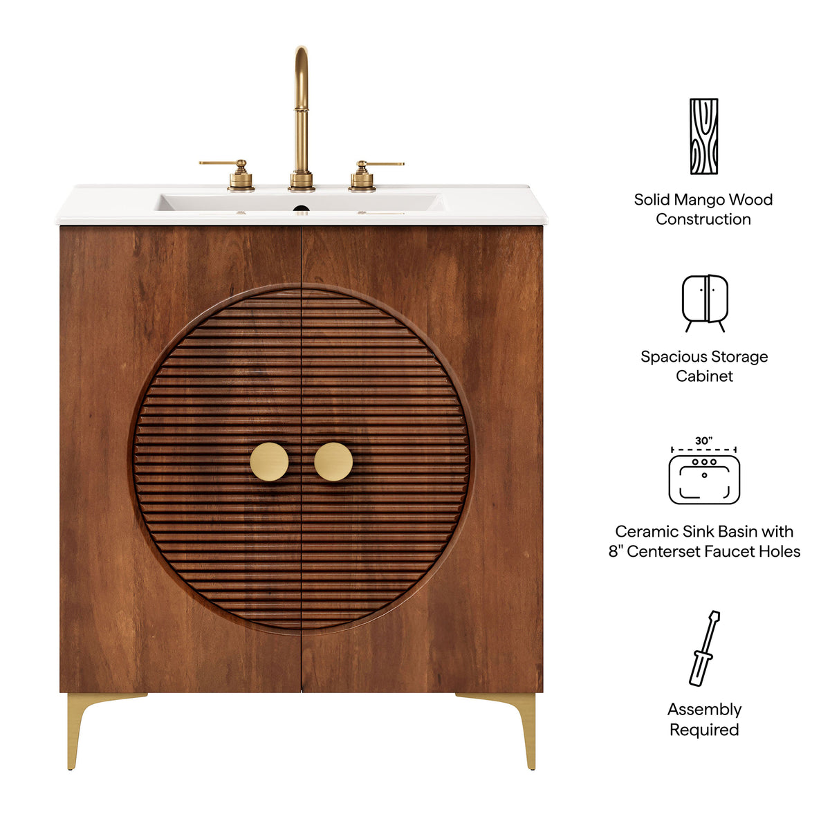 Vernon 30" Fluted Wood Vanity Cabinet With Sink - Walnut White