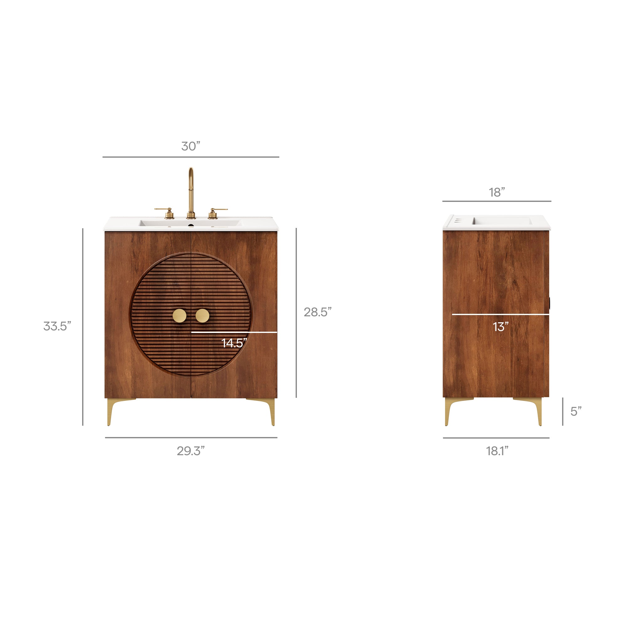 Vernon 30" Fluted Wood Vanity Cabinet With Sink - Walnut White