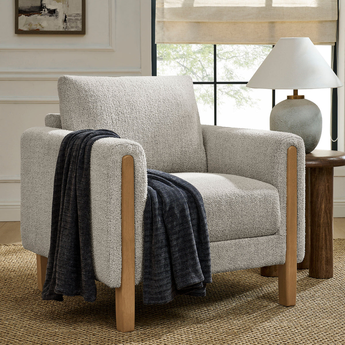 Hawken Boucle Fabric Accent Armchair - Parchment Beech
