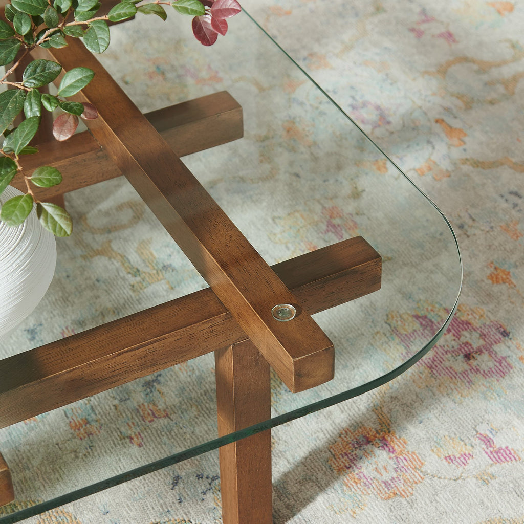 Isby 35 Inch Tempered Glass Coffee Table - Walnut