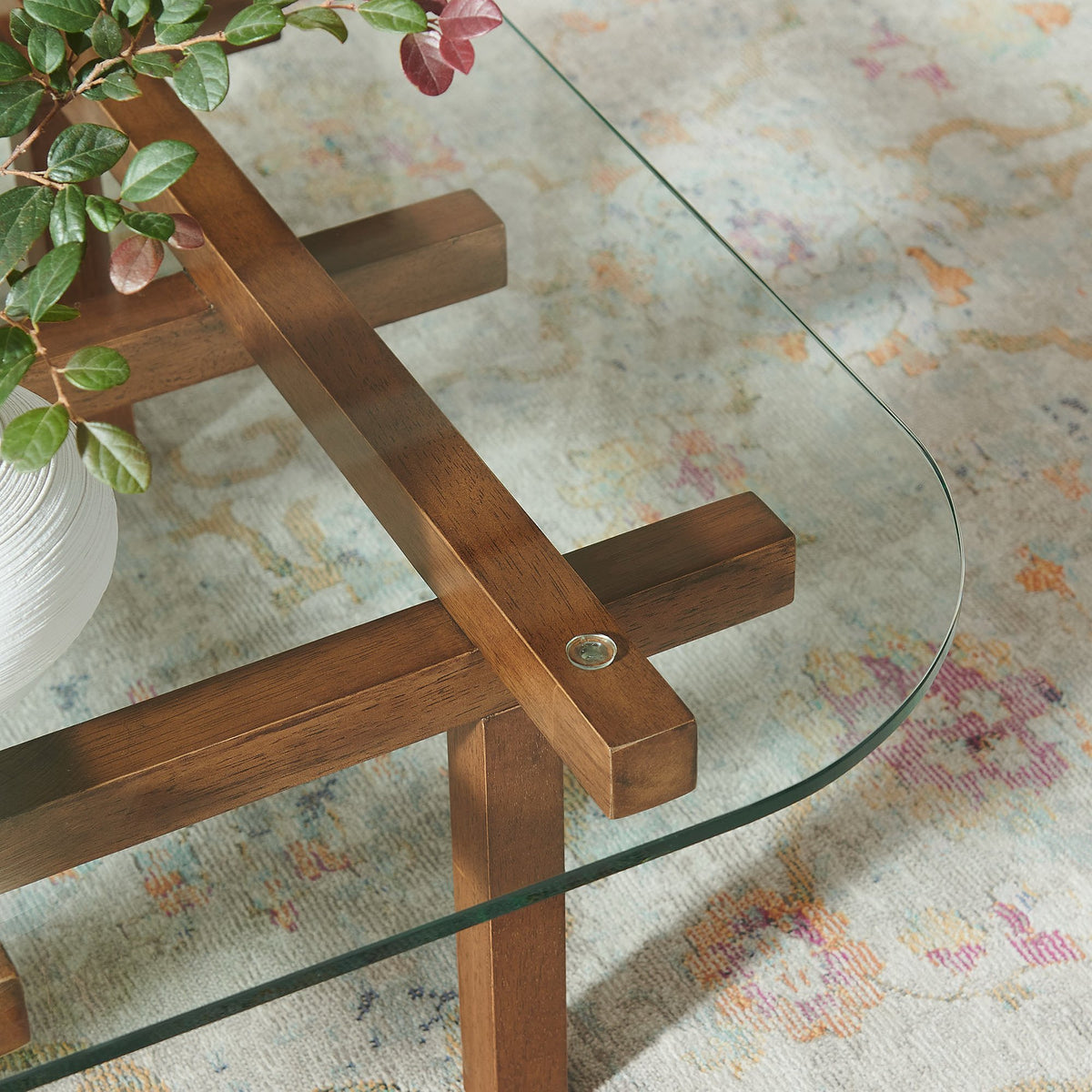 Isby 35 Inch Tempered Glass Coffee Table - Walnut