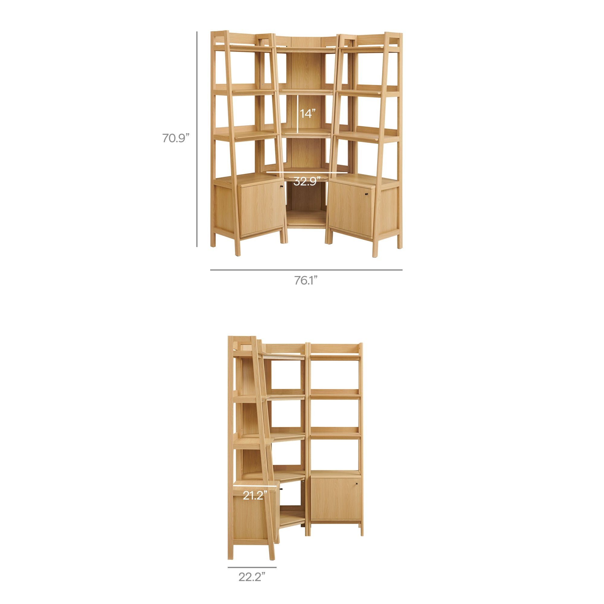 Bixby 3-piece Corner Bookshelf Set with Narrow Bookshelves - Oak