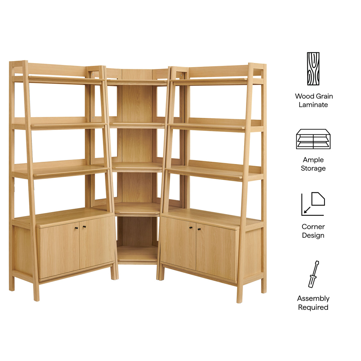 Bixby 3-Piece Corner Bookshelf Set with Wide Bookshelves - Oak