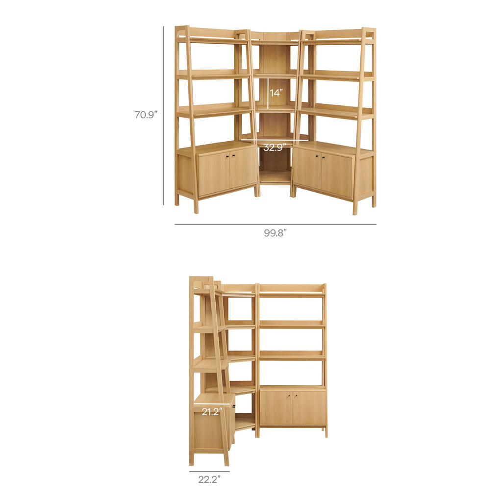 Bixby 3-Piece Corner Bookshelf Set with Wide Bookshelves - Oak