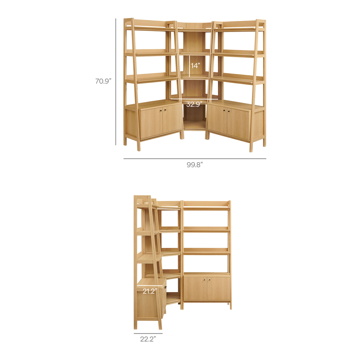 Bixby 3-Piece Corner Bookshelf Set with Wide Bookshelves - Oak
