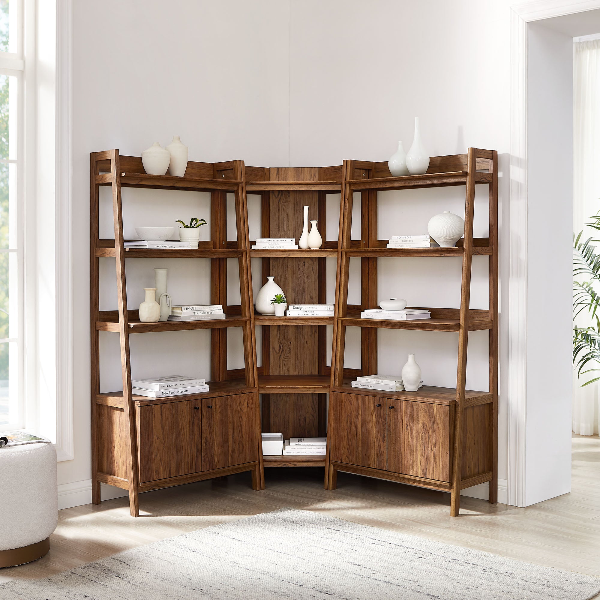 Bixby 3-Piece Corner Bookshelf Set with Wide Bookshelves - Walnut