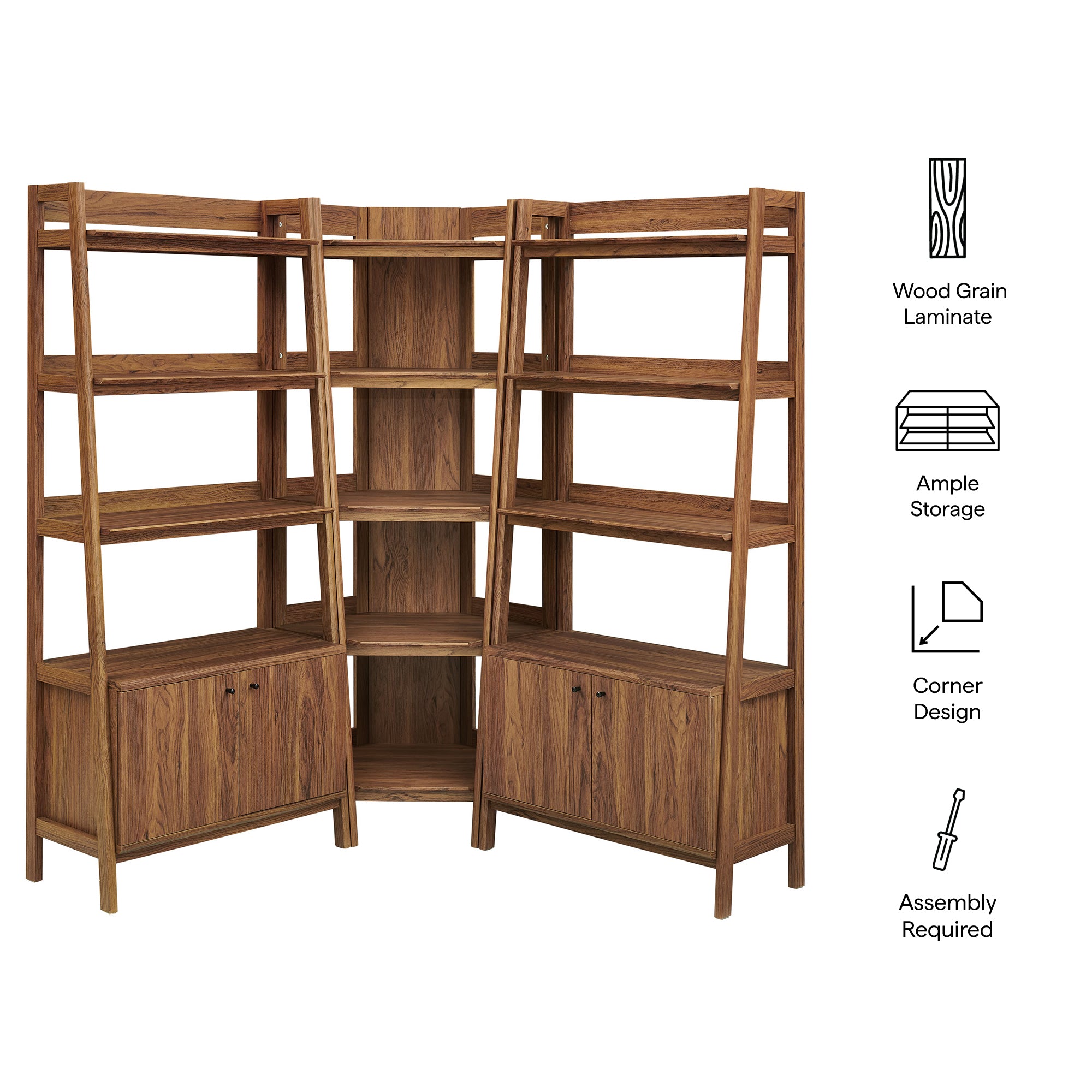 Bixby 3-Piece Corner Bookshelf Set with Wide Bookshelves - Walnut