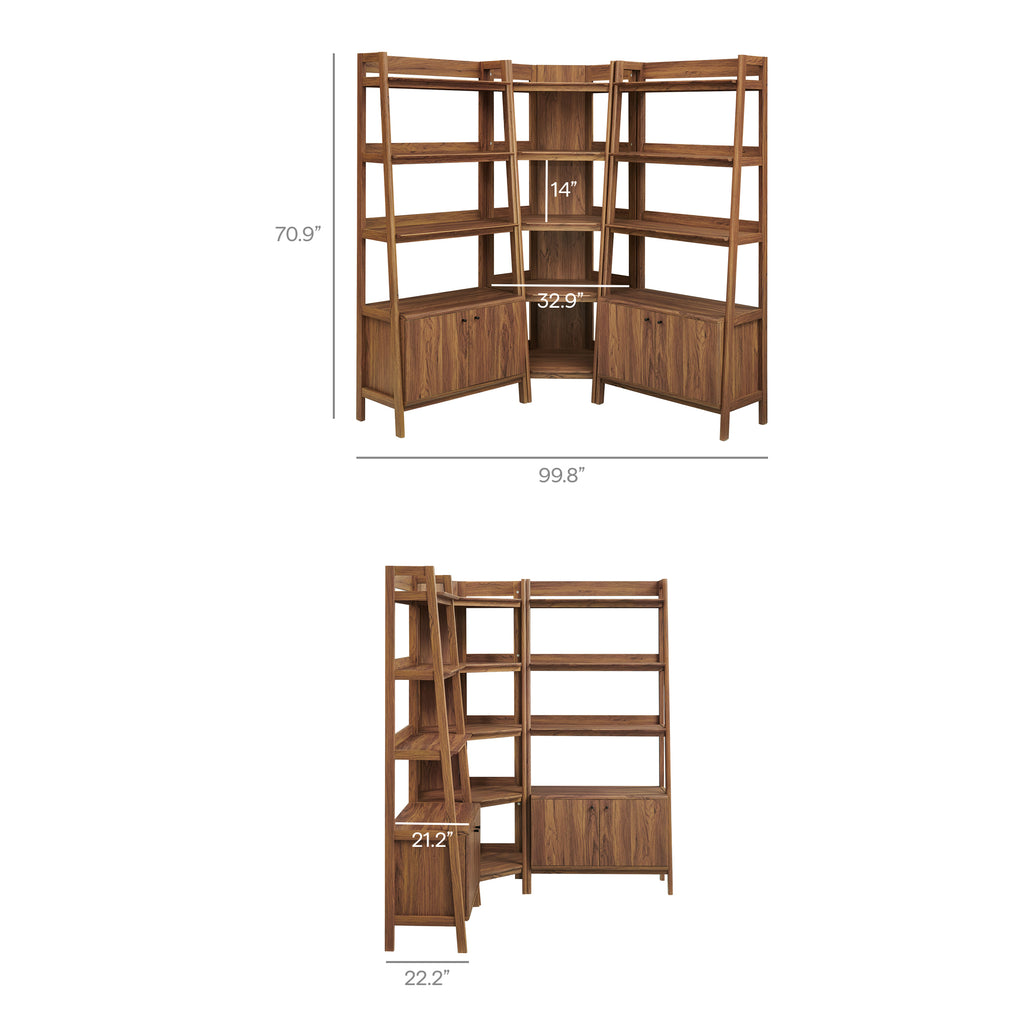 Bixby 3-Piece Corner Bookshelf Set with Wide Bookshelves - Walnut