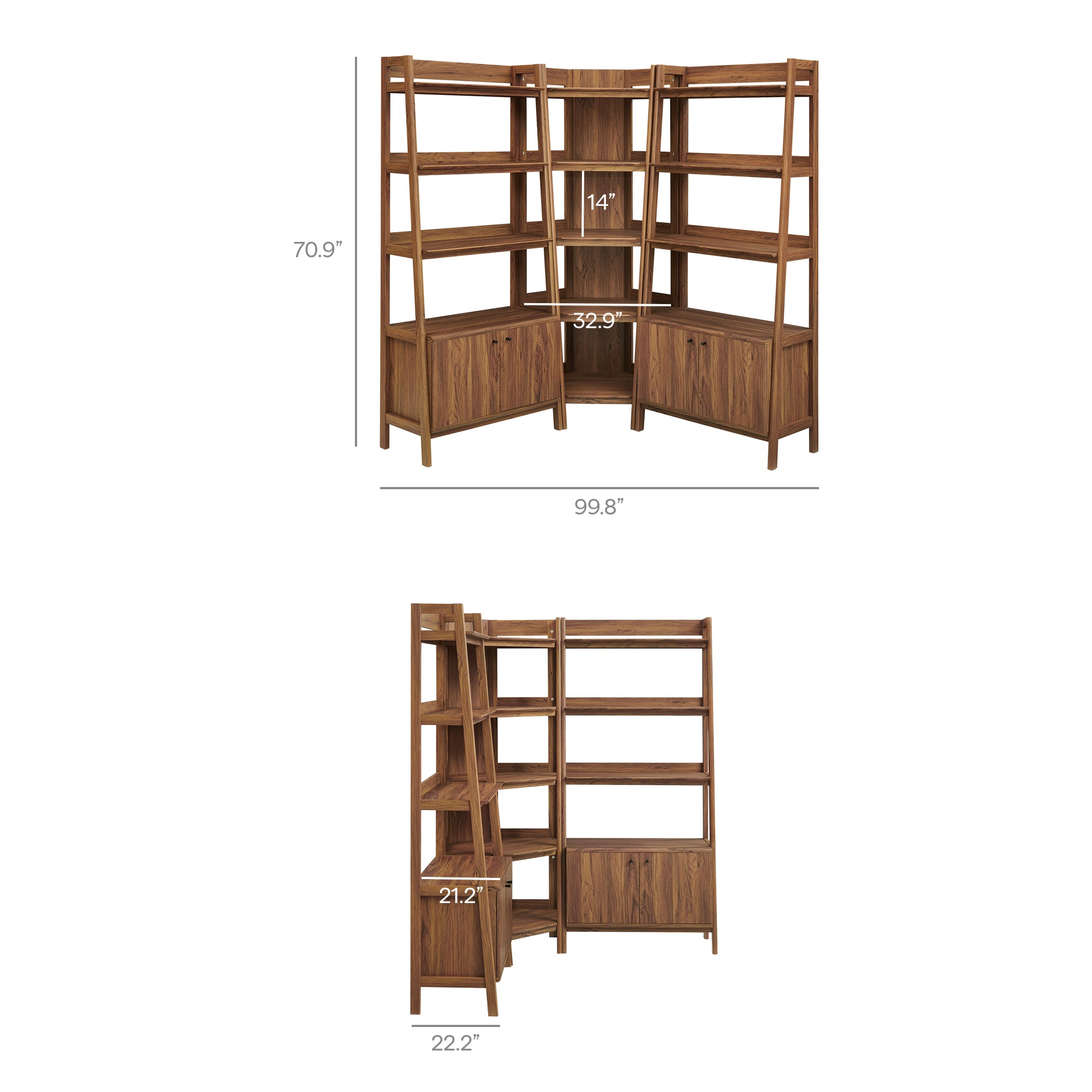 Bixby 3-Piece Corner Bookshelf Set with Wide Bookshelves - Walnut