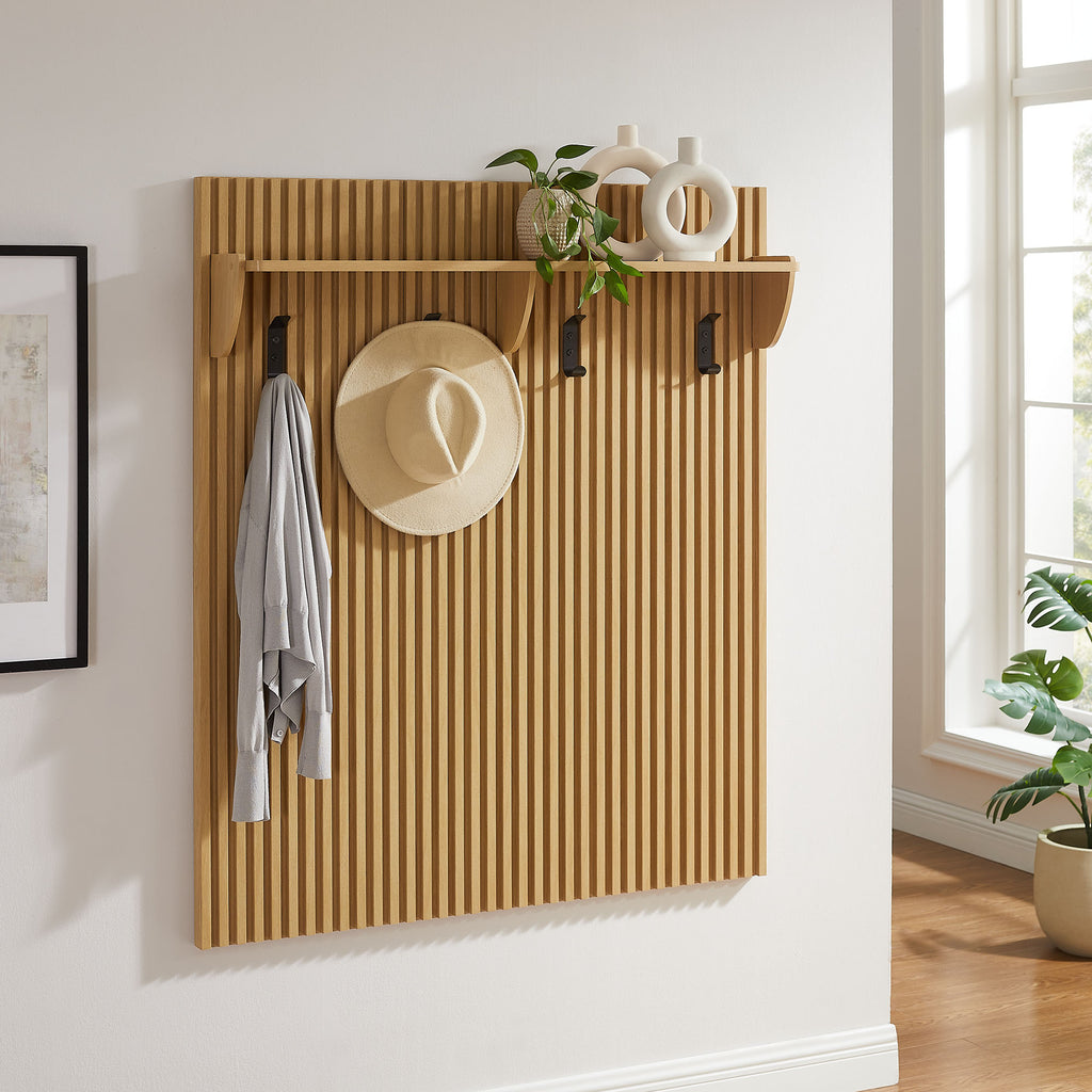 Render Fluted Coat Rack Panel With Shelf - Light Oak