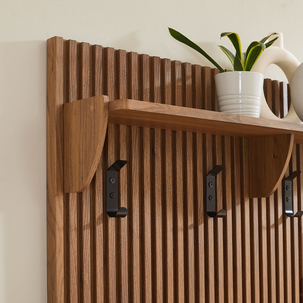 Render Fluted Coat Rack Panel With Shelf - Walnut