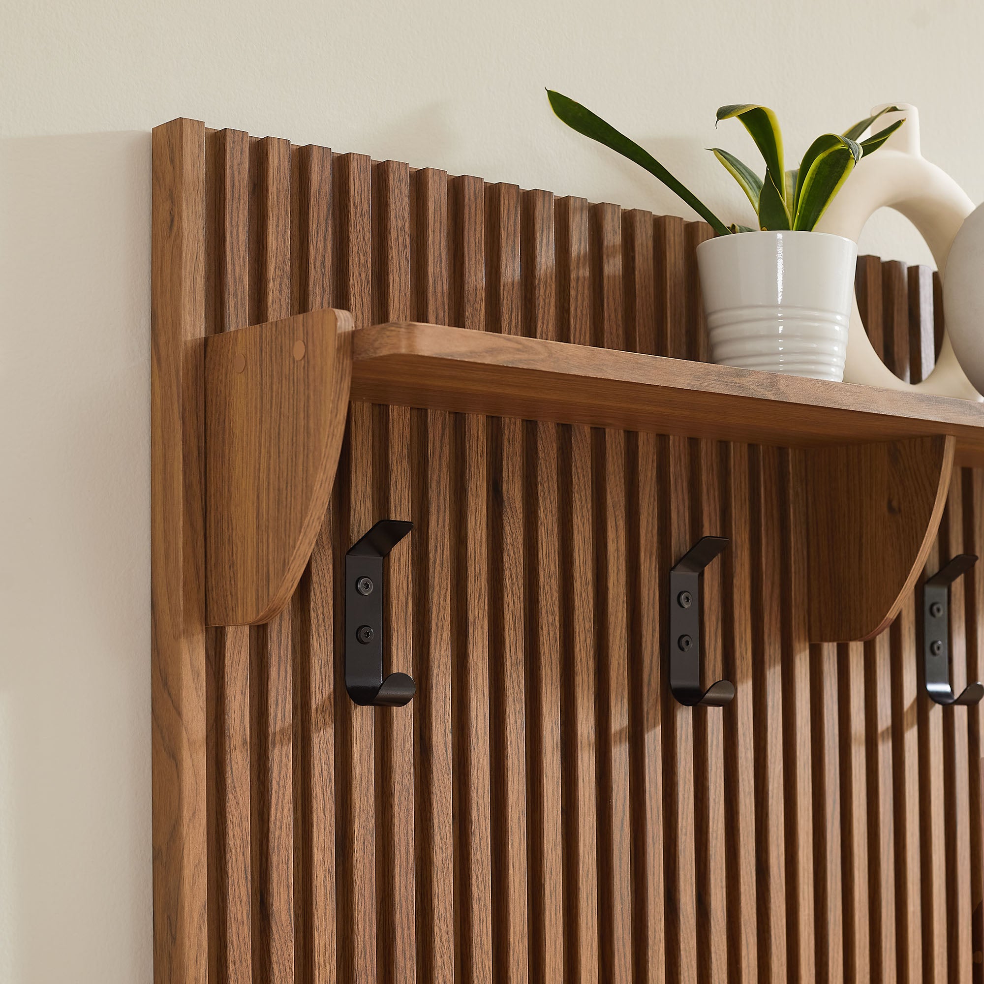 Render Fluted Coat Rack Panel With Shelf - Walnut