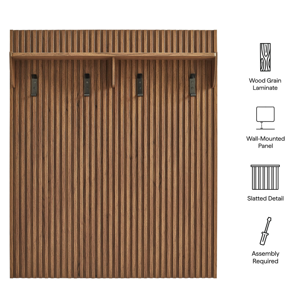 Render Fluted Coat Rack Panel With Shelf - Walnut
