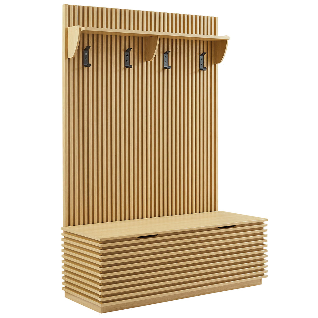 Render Fluted 3-in-1 Hall Tree With Storage Bench and Coat Rack - Oak