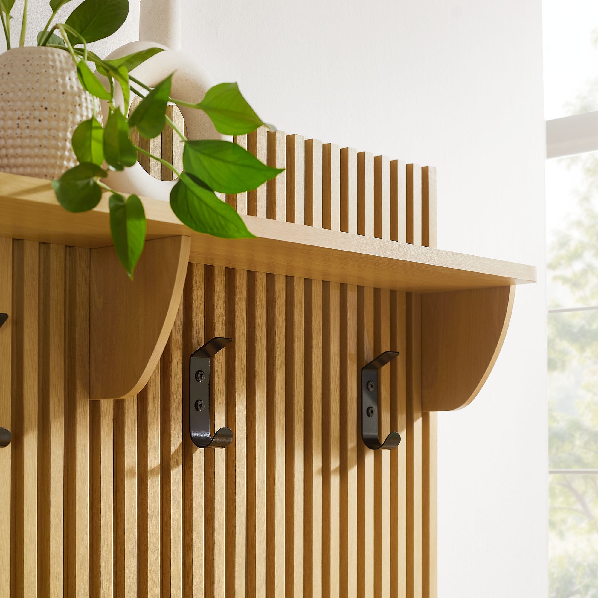 Render Fluted 3-in-1 Hall Tree With Storage Bench and Coat Rack - Oak
