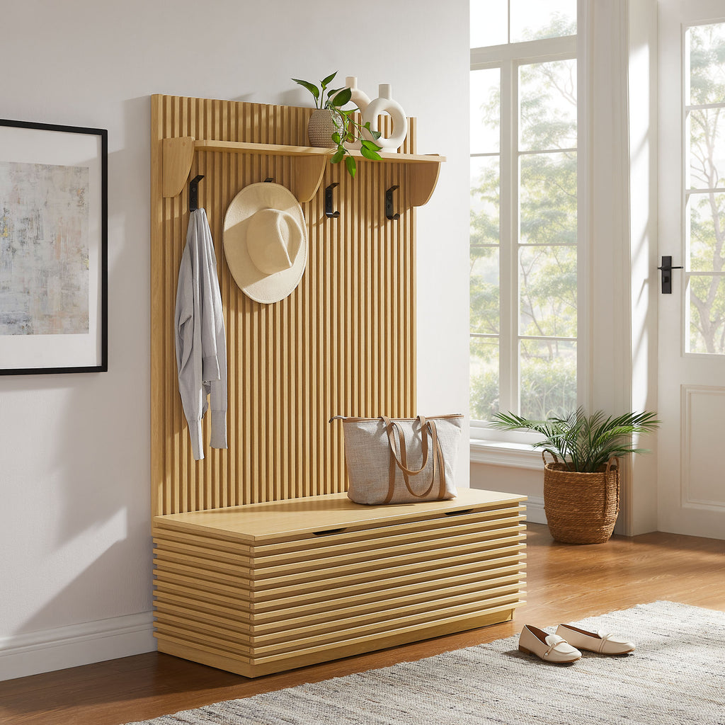 Render Fluted 3-in-1 Hall Tree With Storage Bench and Coat Rack - Oak
