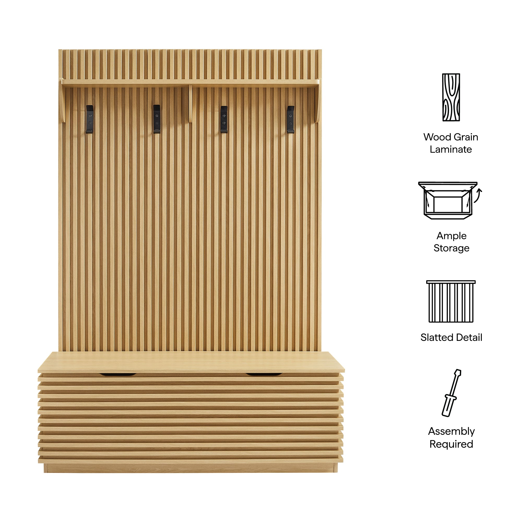 Render Fluted 3-in-1 Hall Tree With Storage Bench and Coat Rack - Oak