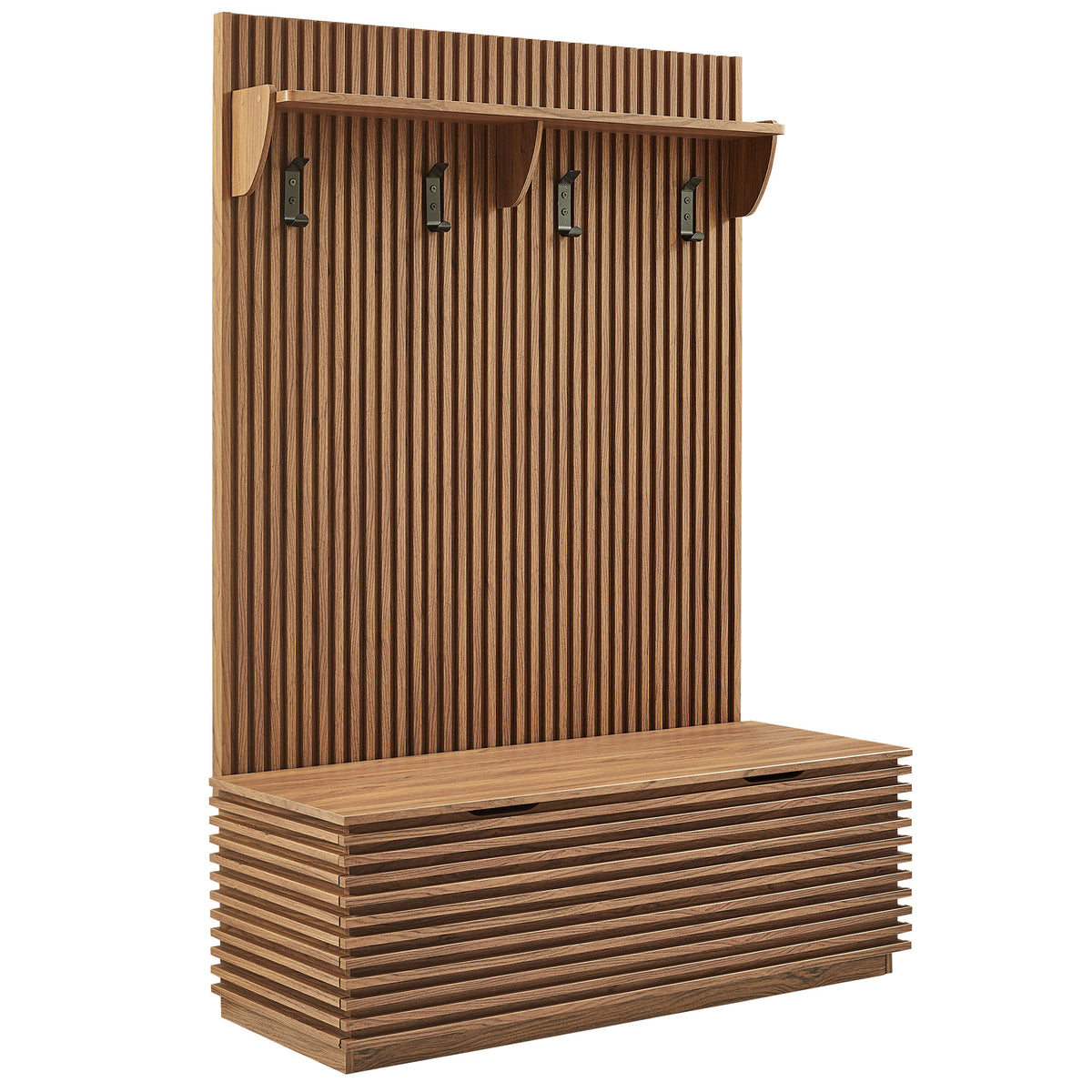 Render Fluted 3-in-1 Hall Tree With Storage Bench and Coat Rack - Walnut