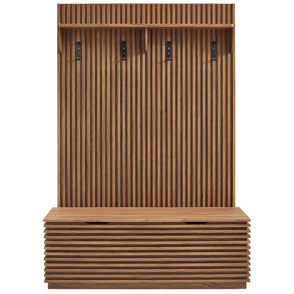 Render Fluted 3-in-1 Hall Tree With Storage Bench and Coat Rack - Walnut
