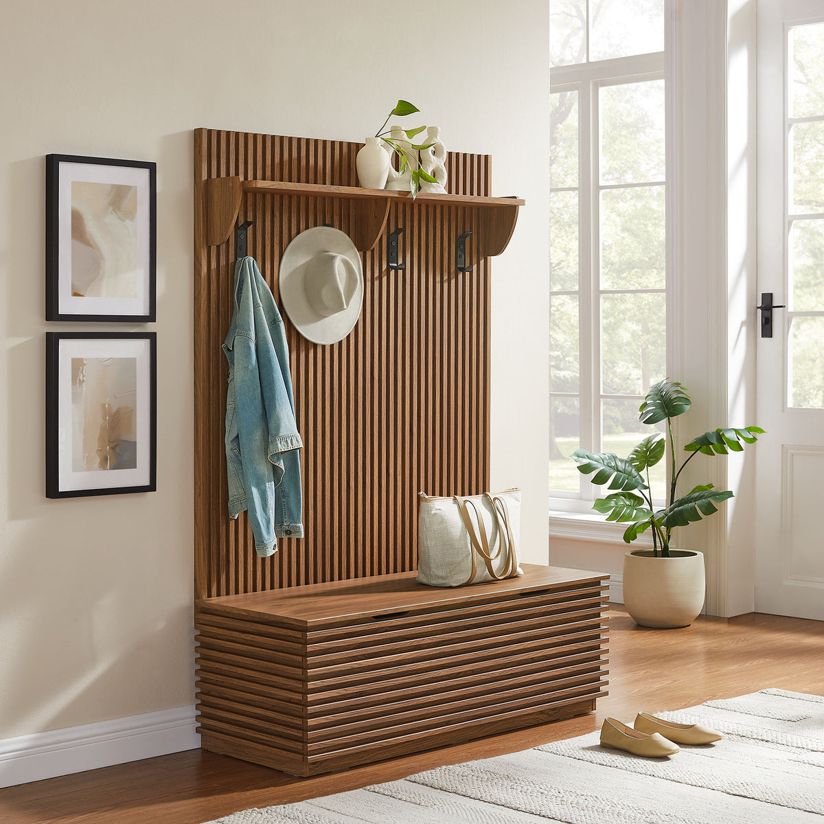 Render Fluted 3-in-1 Hall Tree With Storage Bench and Coat Rack - Walnut