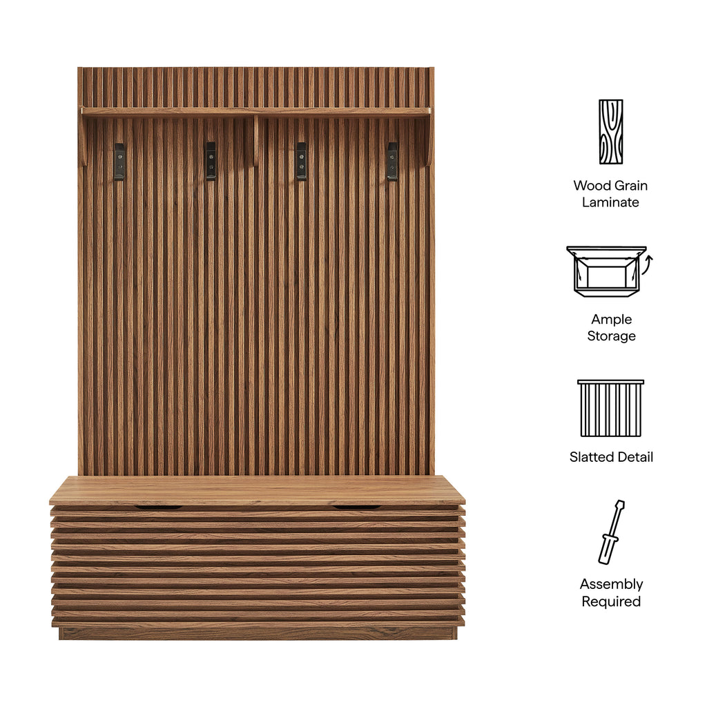 Render Fluted 3-in-1 Hall Tree With Storage Bench and Coat Rack - Walnut