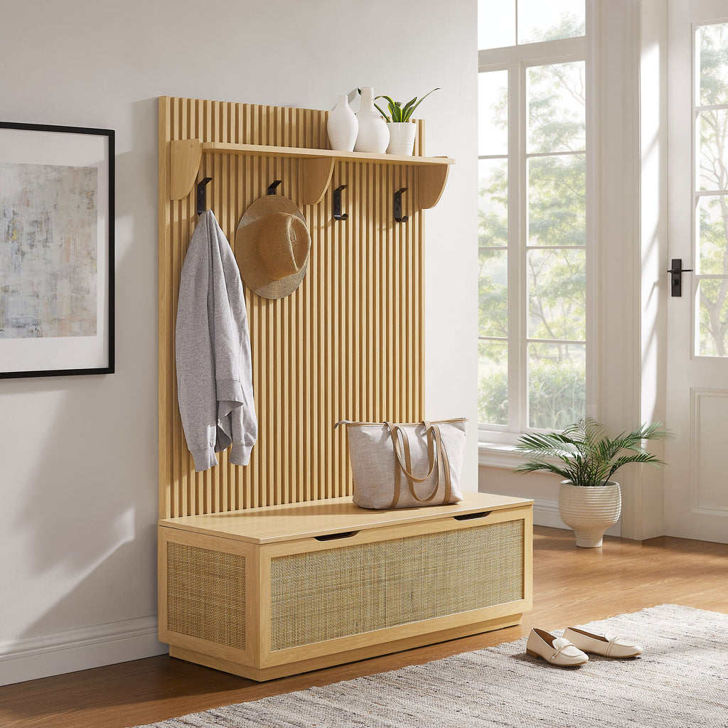 Soma Fluted 3-in-1 Hall Tree With Storage Bench and Coat Rack - Light Oak