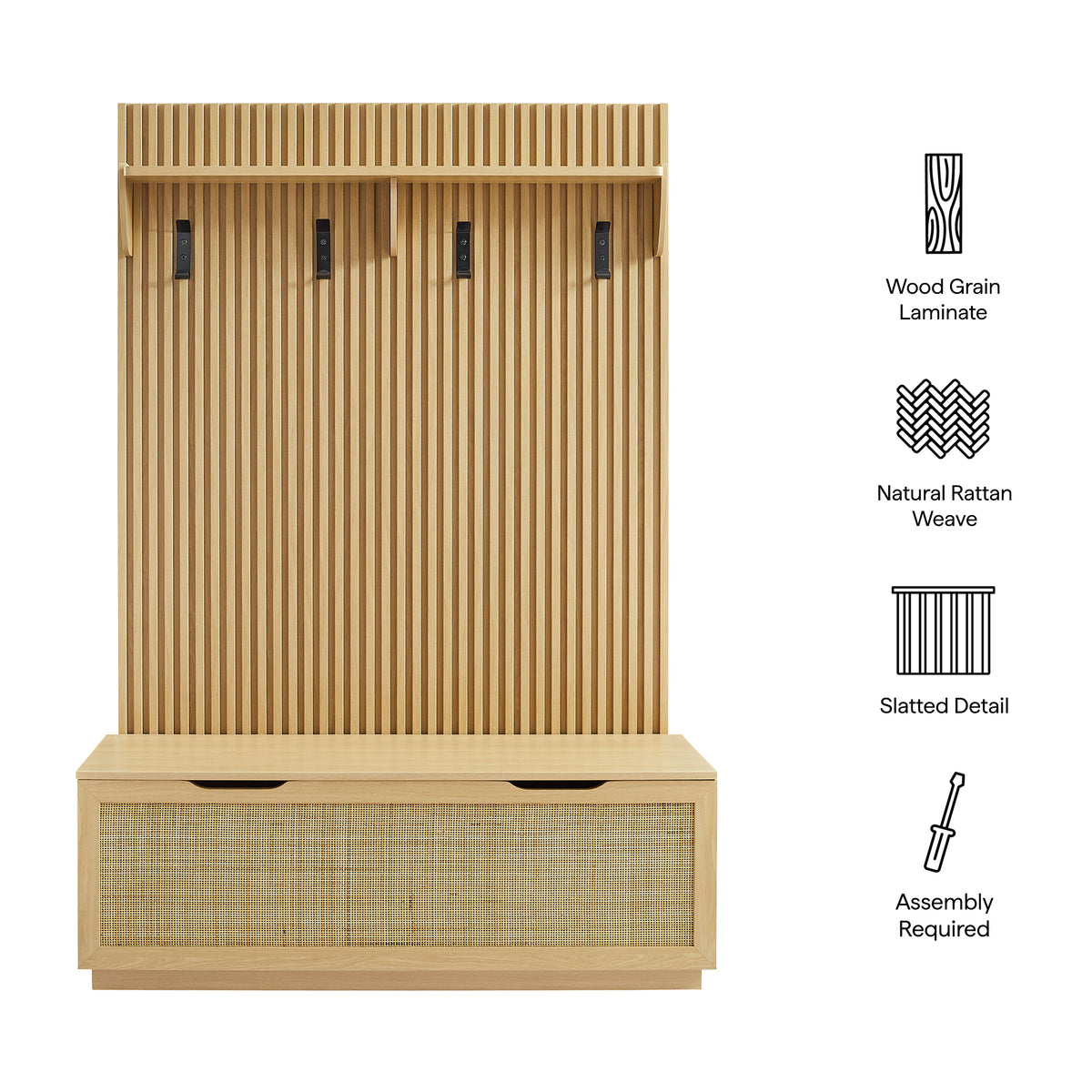 Soma Fluted 3-in-1 Hall Tree With Storage Bench and Coat Rack - Light Oak