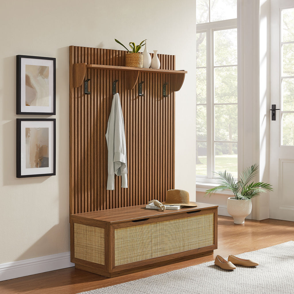 Soma Fluted 3-in-1 Hall Tree With Storage Bench and Coat Rack - Walnut