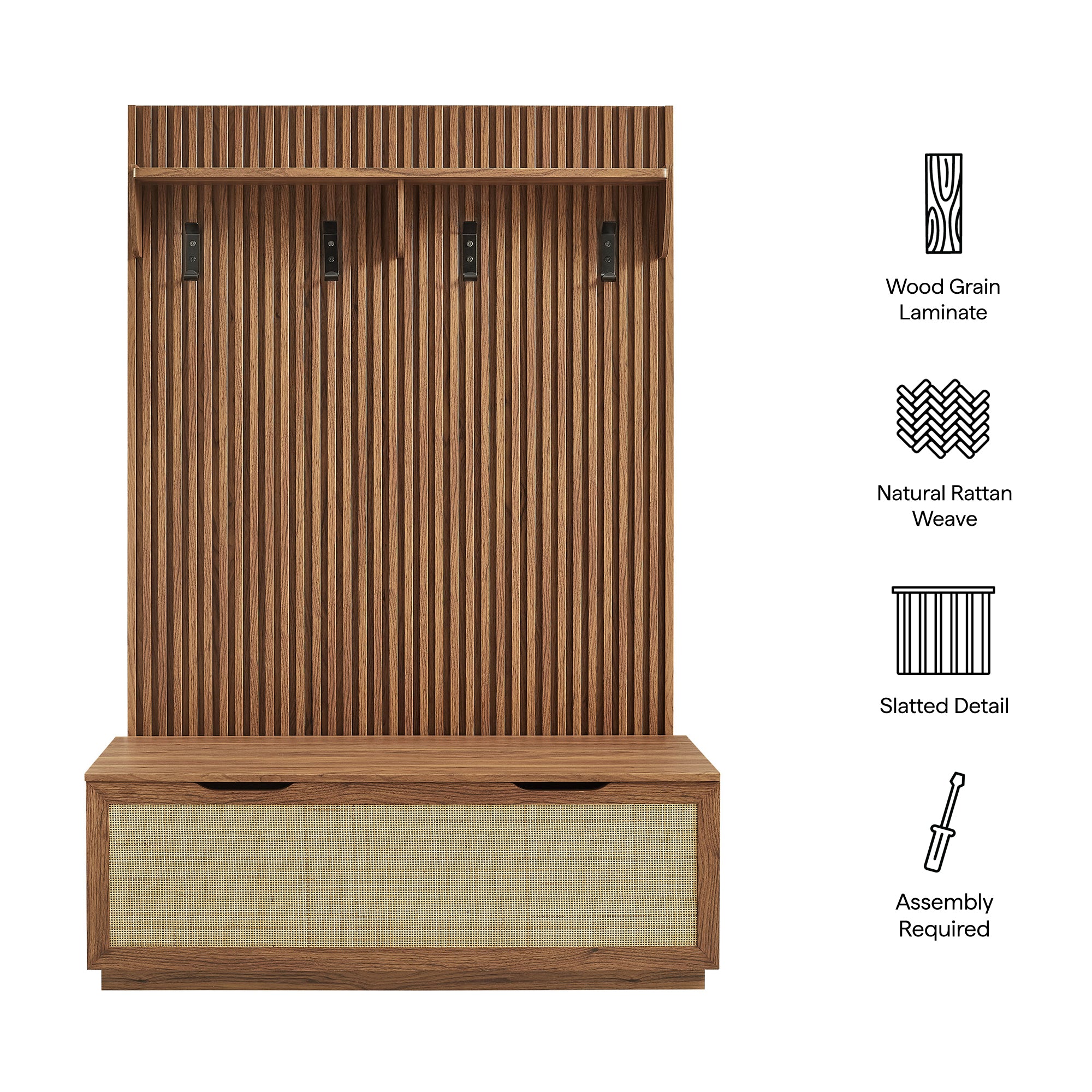 Soma Fluted 3-in-1 Hall Tree With Storage Bench and Coat Rack - Walnut