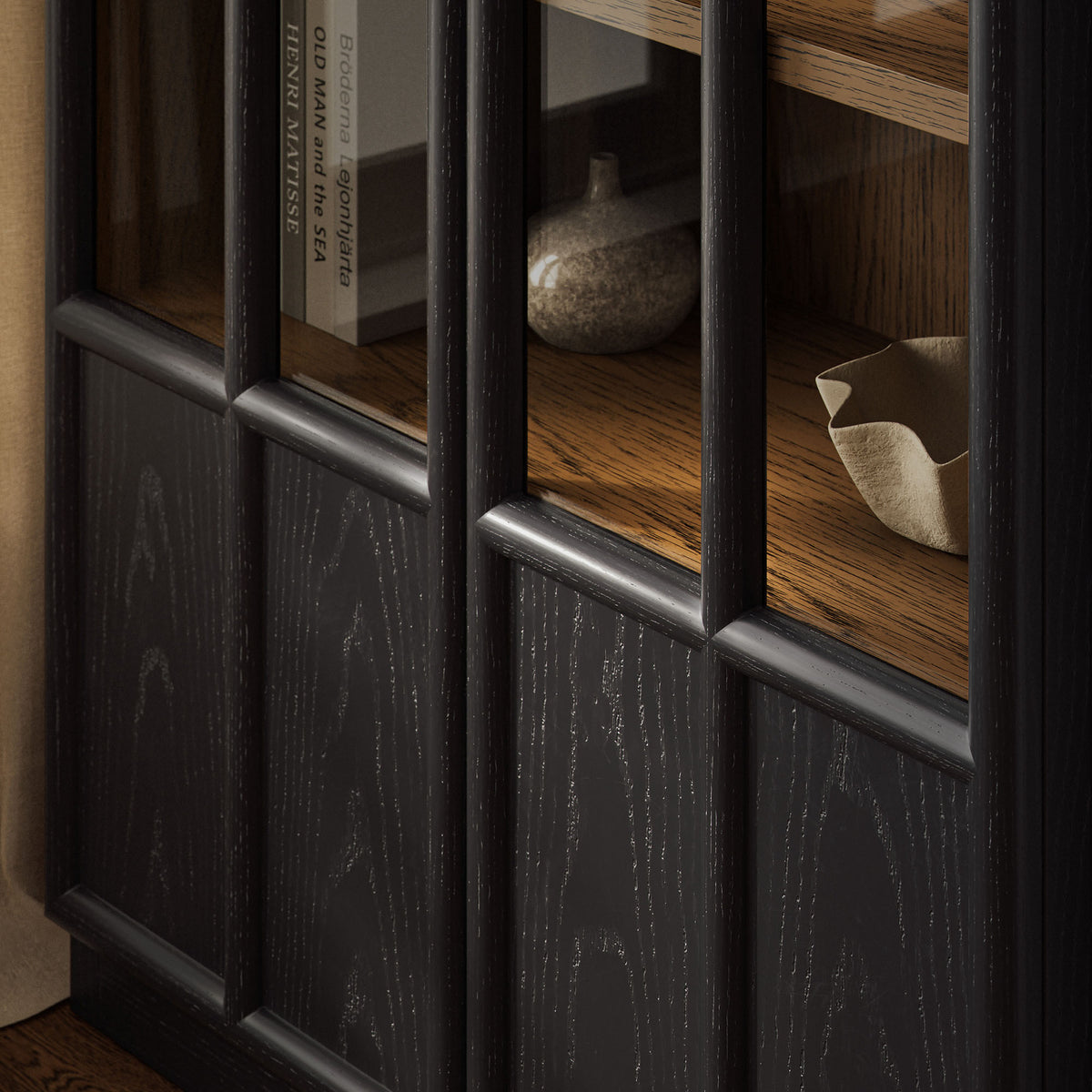 Anwen Solid Wood and Glass Display Cabinet - Black Oak