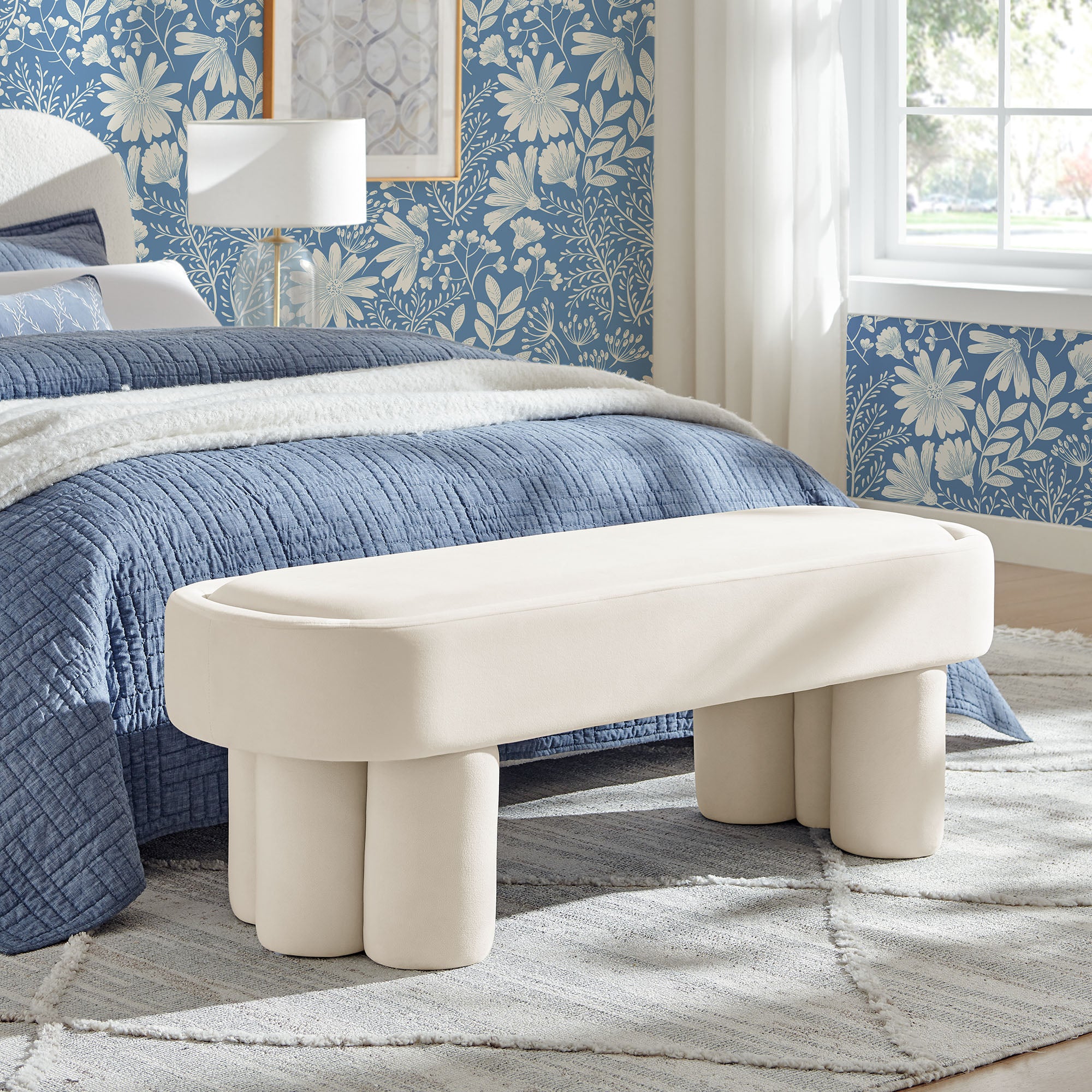 Mossi Oval Performance Velvet Accent Bench - Alabster