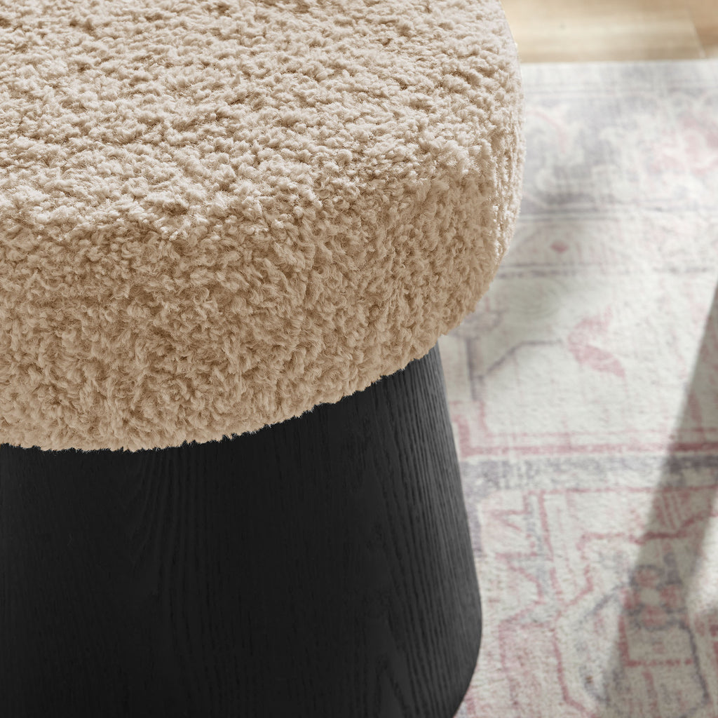 Ketra Round Faux Shearling Ottoman Footstool - Oatmeal Black