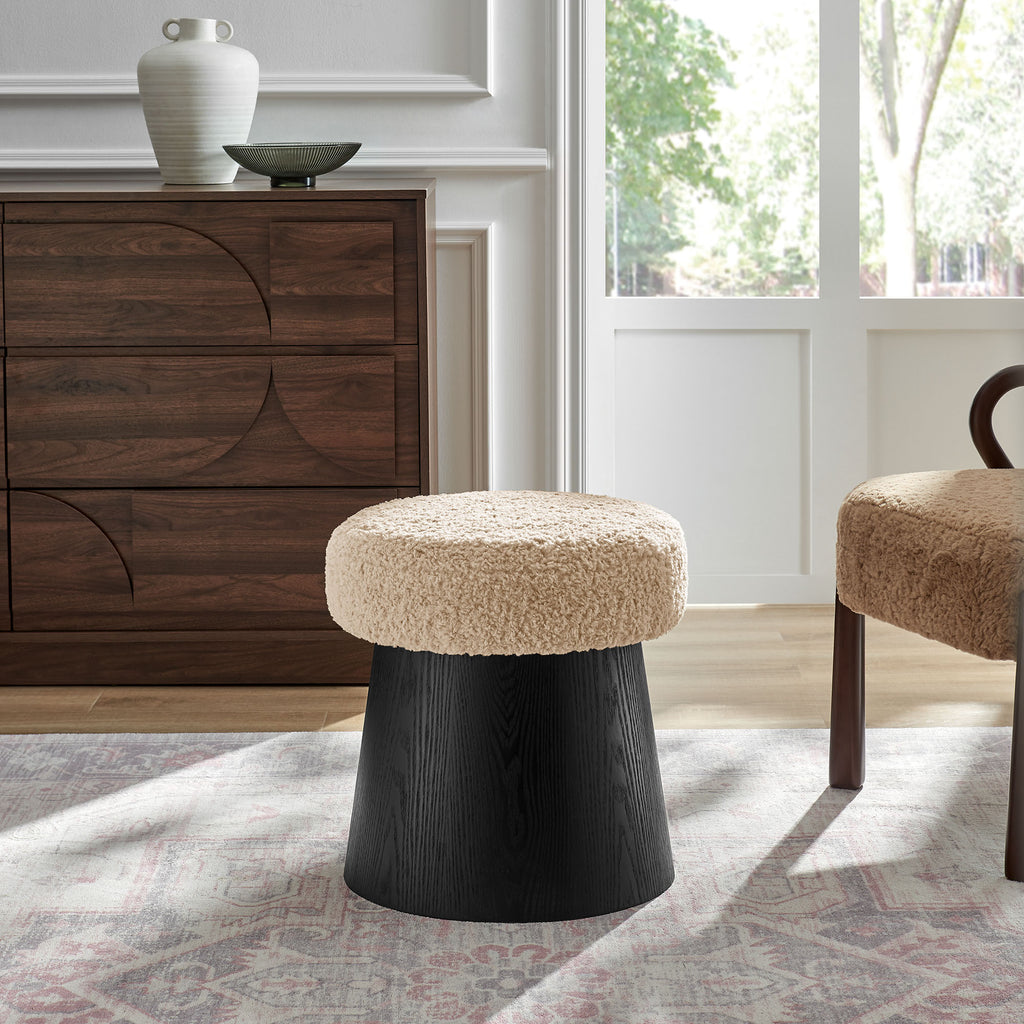 Ketra Round Faux Shearling Ottoman Footstool - Oatmeal Black